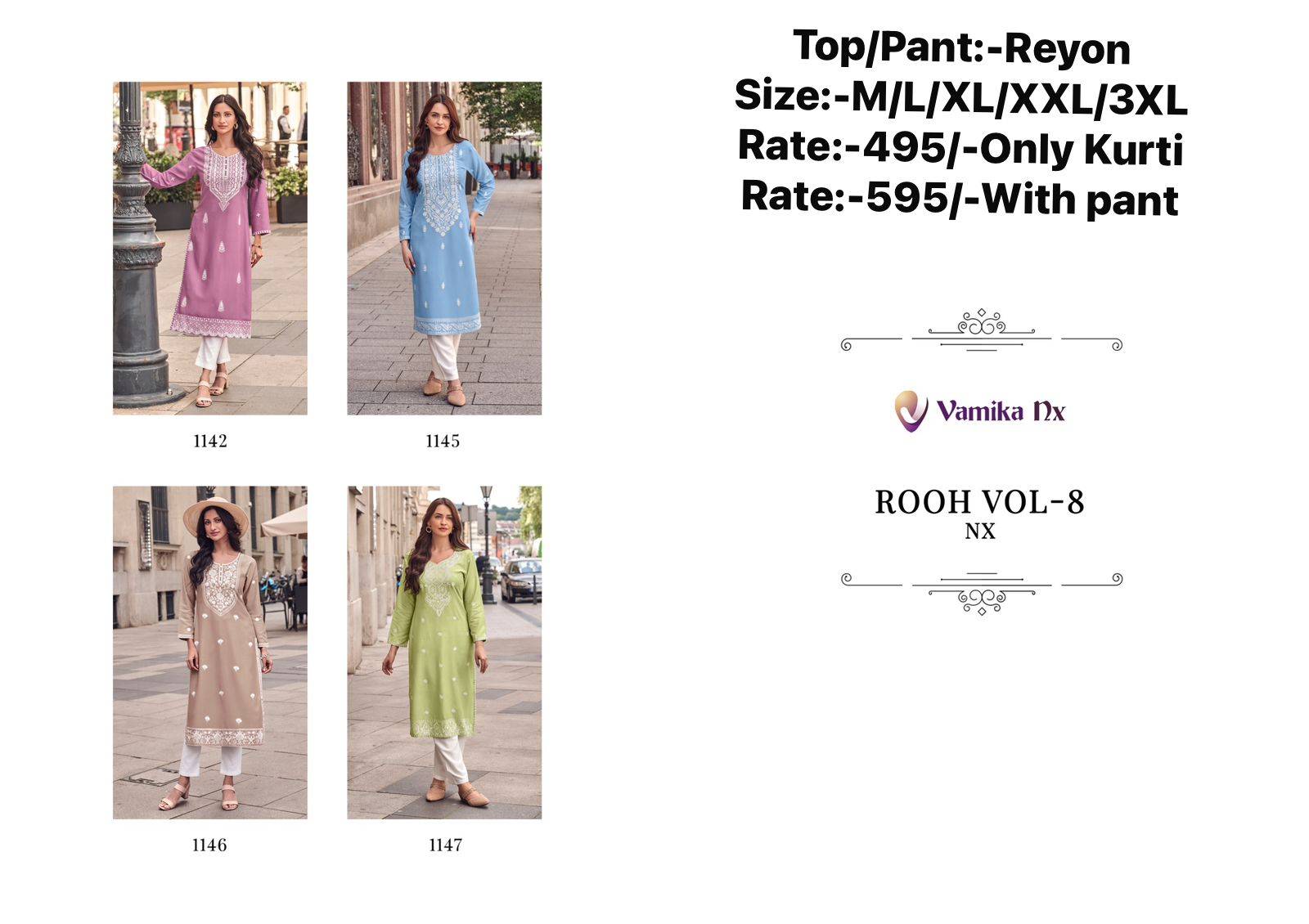Rooh Vol-8 By Vamika 1142 To 1147 Series Designer Stylish Fancy Colorful Beautiful Party Wear & Ethnic Wear Collection Rayon Viscose Kurtis With Bottom At Wholesale Price
